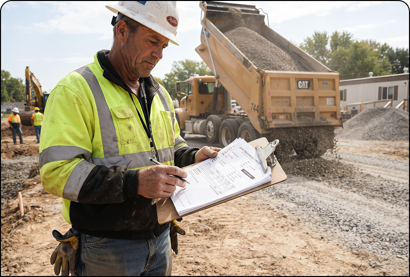 Dump truck invoice template next to a laptop at a job site