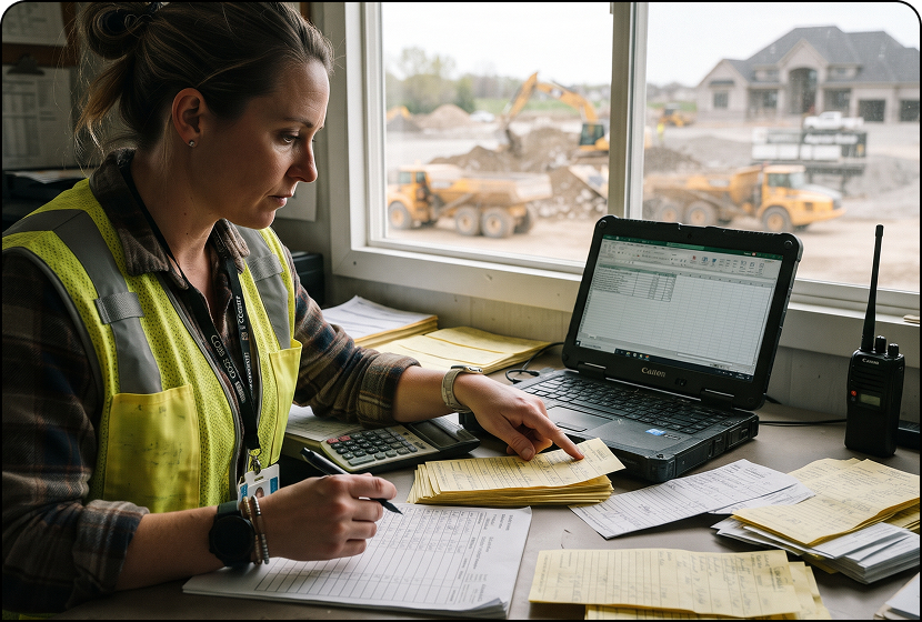 Haul tickets being reconciled on a laptop at a quarry site